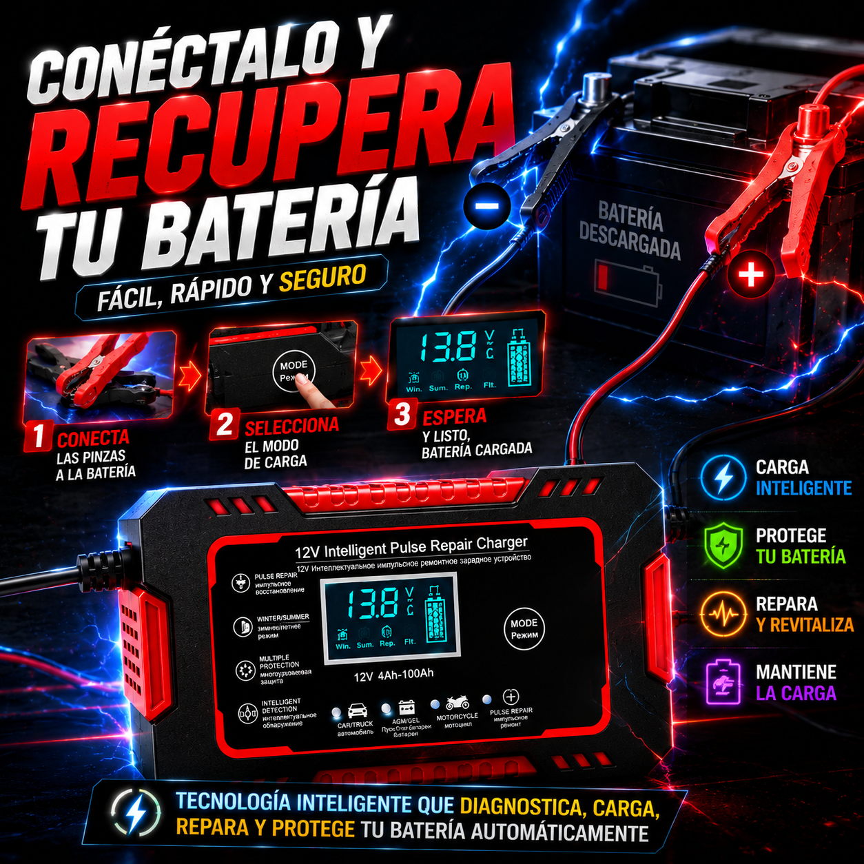 Cargador Inteligente de Batería 12v | Revive tu Carro o Moto y Evita Quedarte Varado