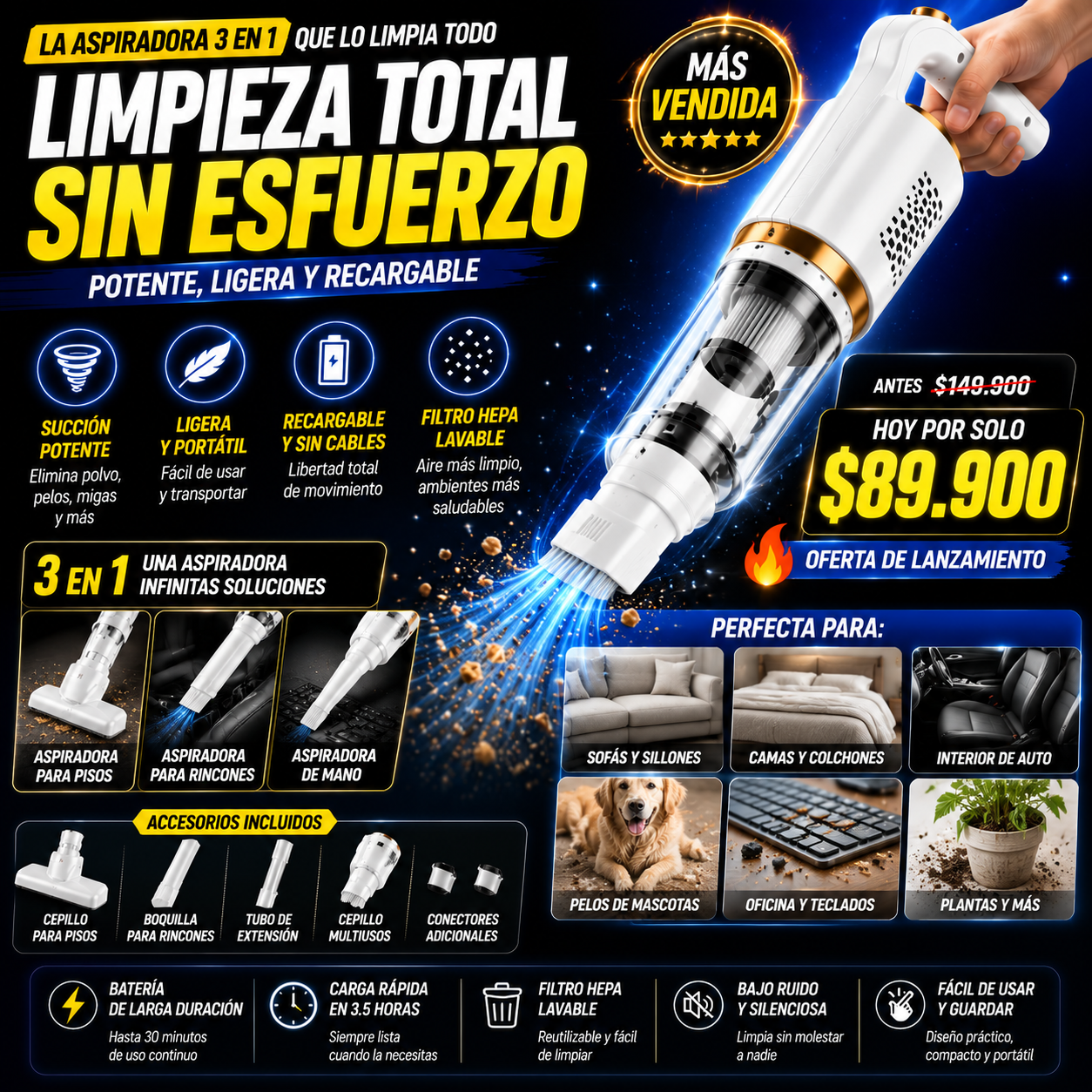 Aspiradora 3 en 1 Multiusos | Potente, Inalámbrica y Lista para Cada Rincón