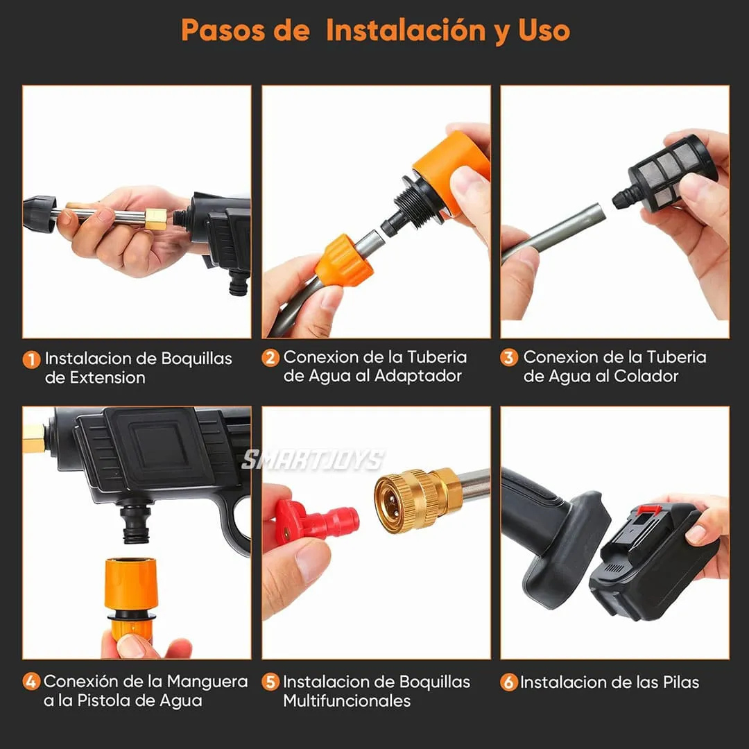 Hidrolavadora Portátil Inalámbrica 48V 2 Baterías | Boquilla 6 en 1 Incorporada