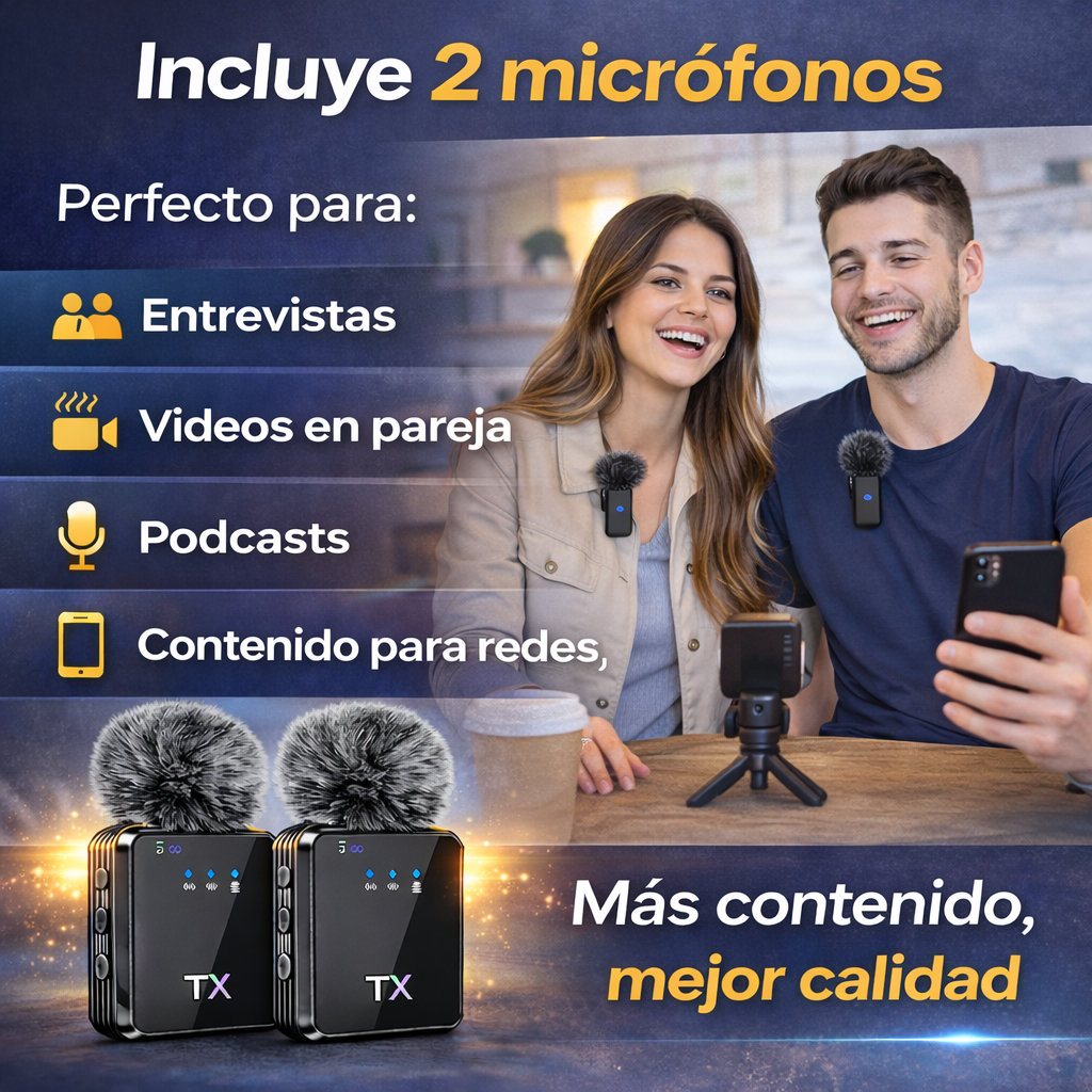 X2 Micrófonos inalámbricos de solapa 3 en 1 profesional, graba como un verdadero creador de contenido