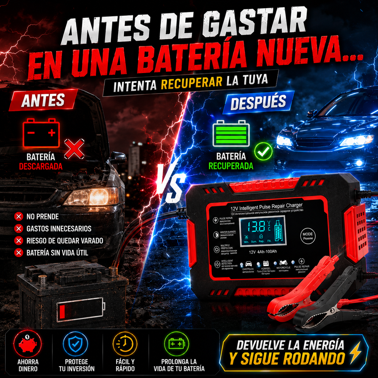 Cargador Inteligente de Batería 12v | Revive tu Carro o Moto y Evita Quedarte Varado