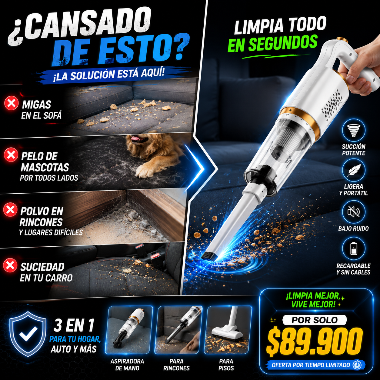 Aspiradora 3 en 1 Multiusos | Potente, Inalámbrica y Lista para Cada Rincón
