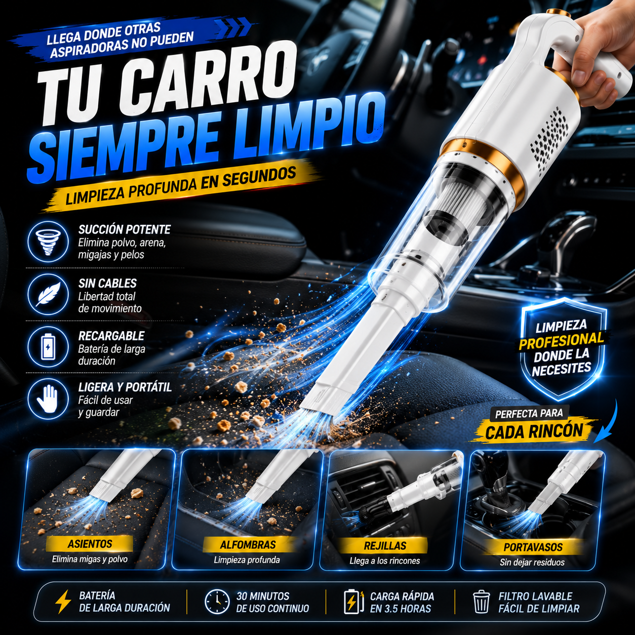 Aspiradora 3 en 1 Multiusos | Potente, Inalámbrica y Lista para Cada Rincón