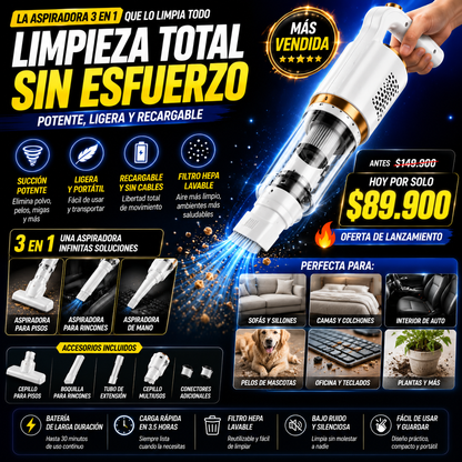 Aspiradora 3 en 1 Multiusos | Potente, Inalámbrica y Lista para Cada Rincón