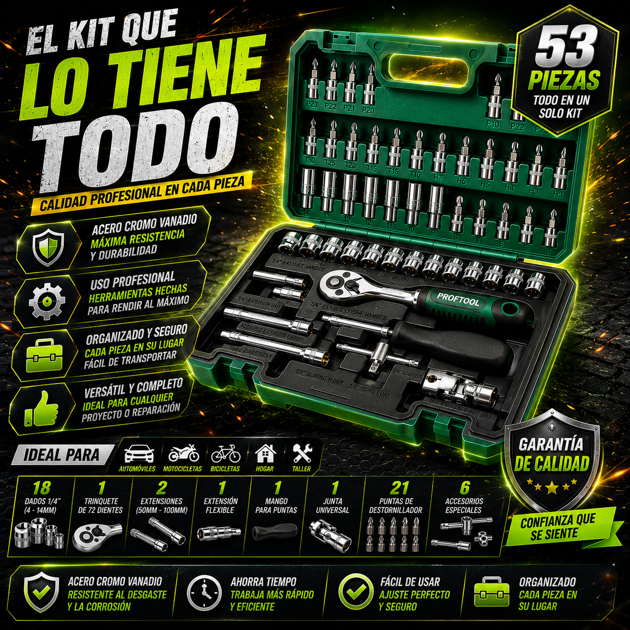 Kit de Ratchet 53 Piezas | Completo, Portátil y Listo para Cualquier Emergencia