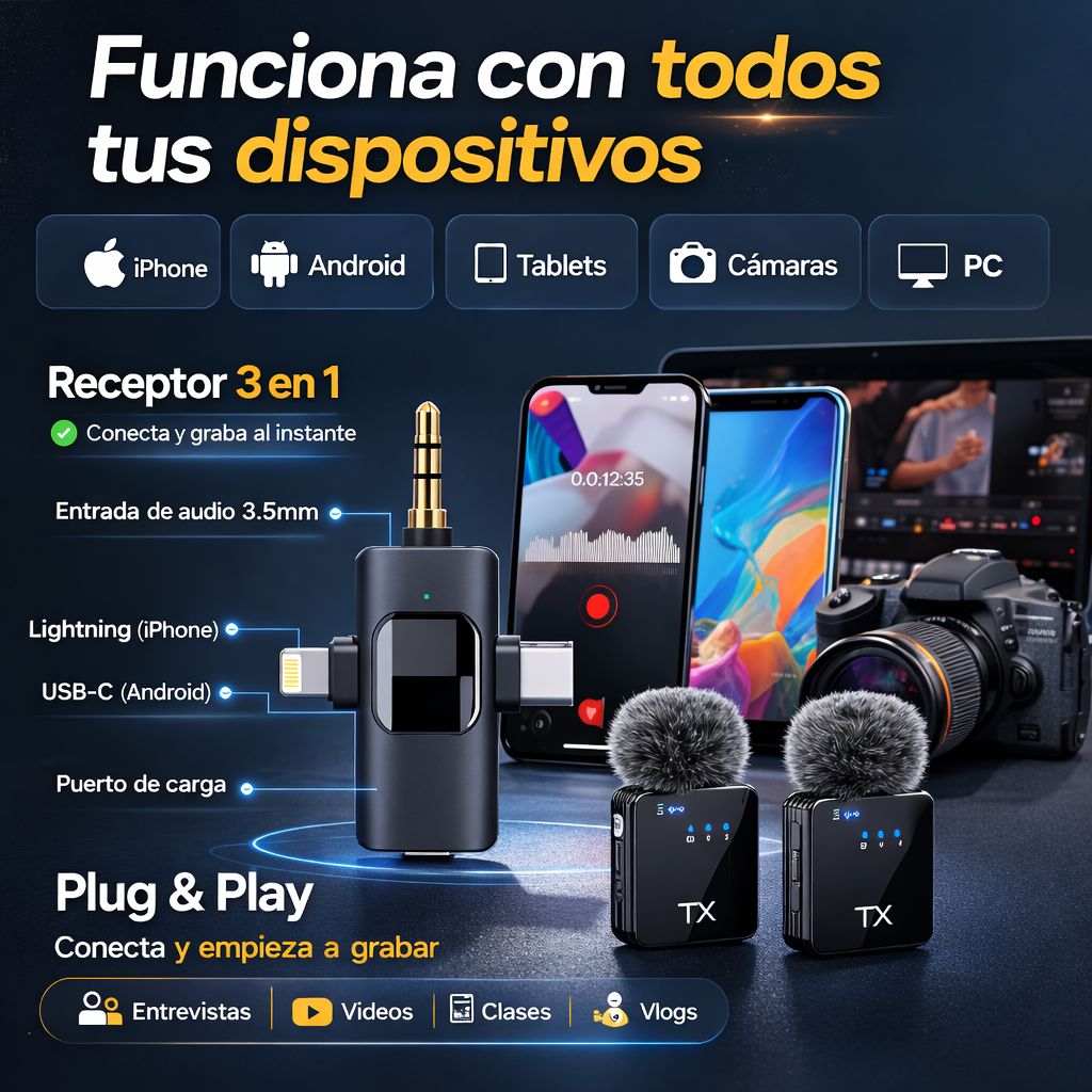 X2 Micrófonos inalámbricos de solapa 3 en 1 profesional, graba como un verdadero creador de contenido