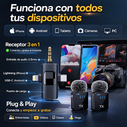 X2 Micrófonos inalámbricos de solapa 3 en 1 profesional, graba como un verdadero creador de contenido
