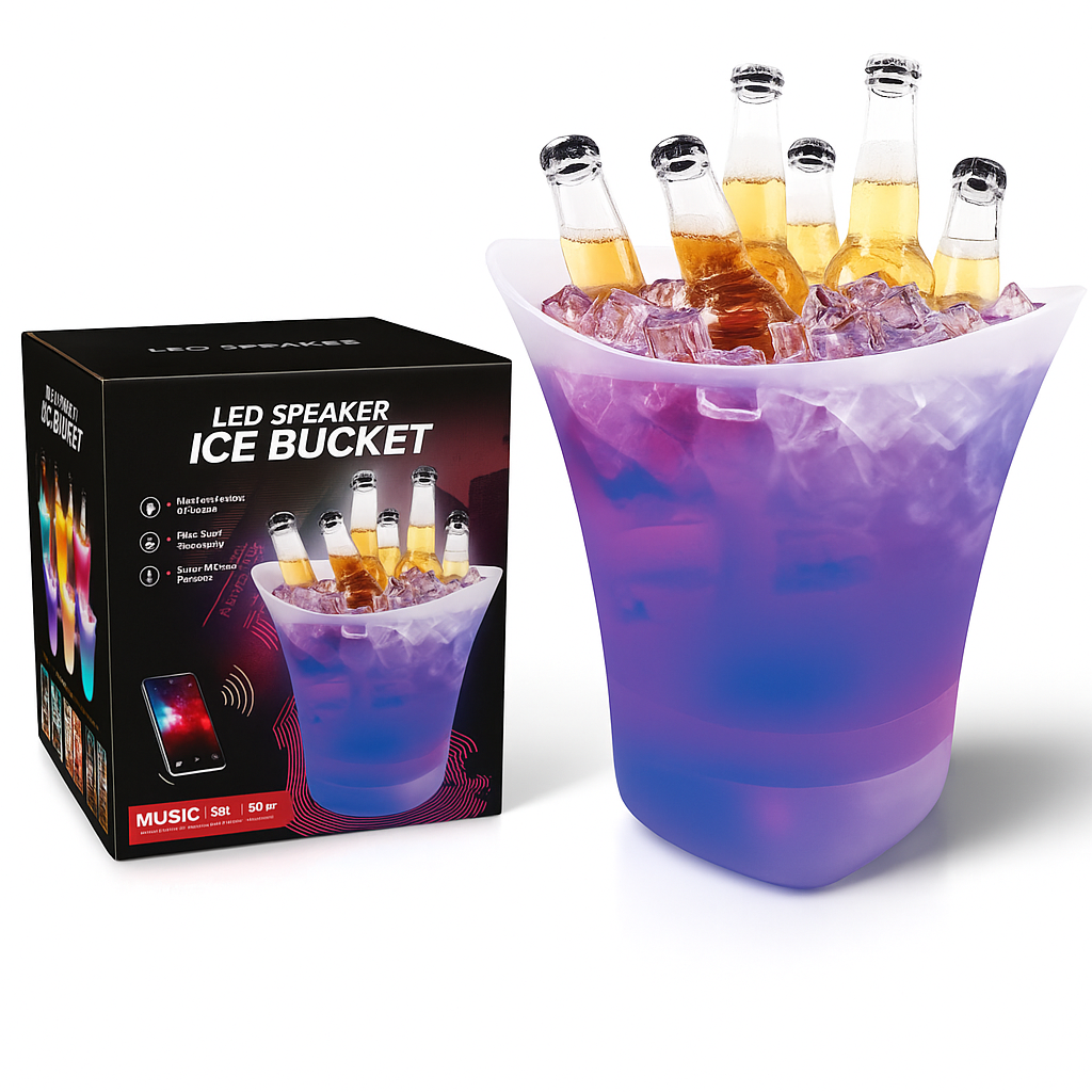 Hielera + Parlante Portátil / Cubeta / Enfriador con luces LED, Bluetooth y alimentación USB.