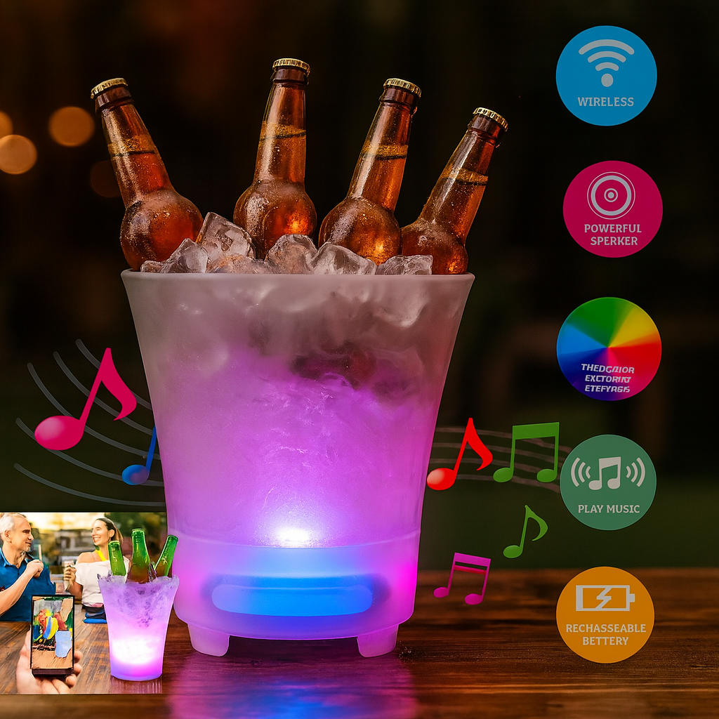 Hielera + Parlante Portátil / Cubeta / Enfriador con luces LED, Bluetooth y alimentación USB.