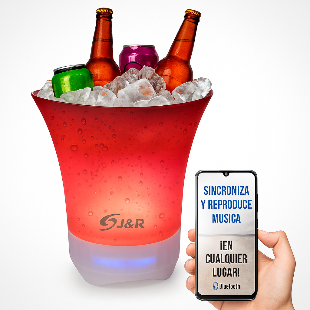 Hielera + Parlante Portátil / Cubeta / Enfriador con luces LED, Bluetooth y alimentación USB.
